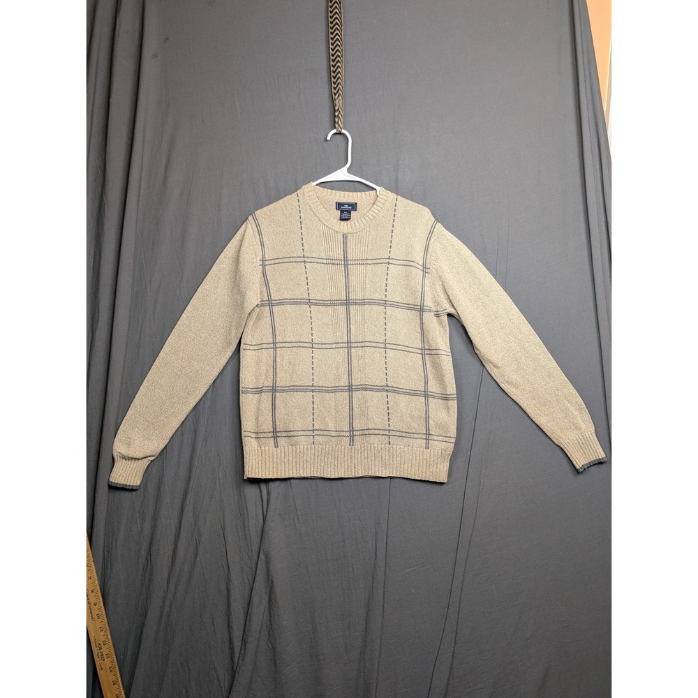 Dockers Mens Tan Beige Windowpane Plaid Crew Neck 100% Cotton Pullover Sweater L